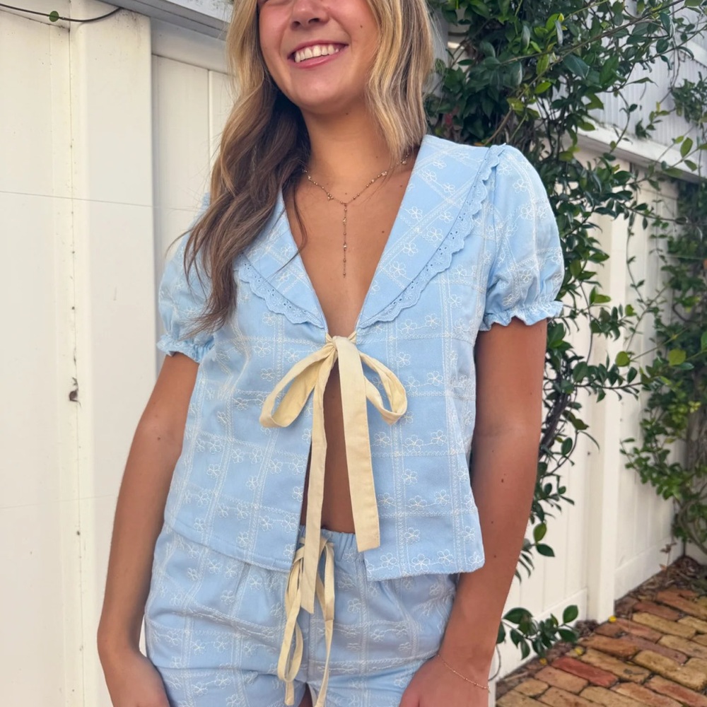 Sky Blue Tie-Front Top and Skirt Set